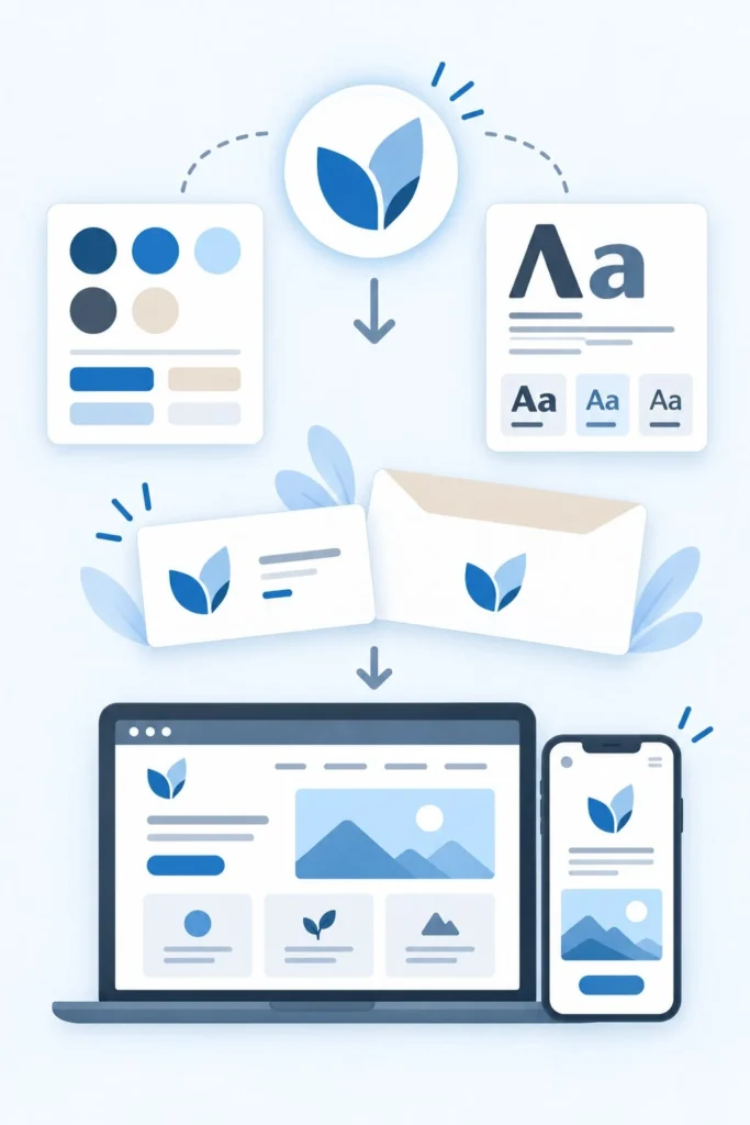 Logo and brand identity: the mark, the color palette, the typefaces, a business card and use on the site